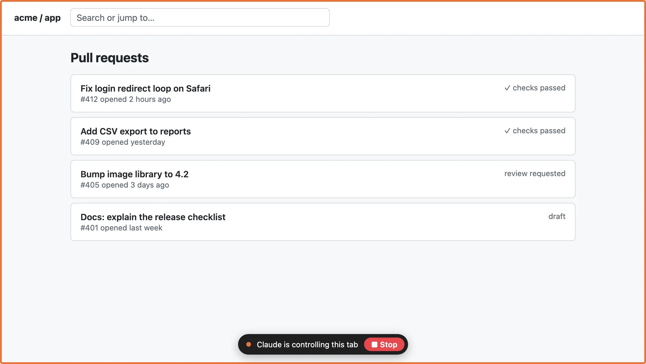 A Safari tab with an orange frame and a pill at the bottom reading 'Claude is controlling this tab' with a red Stop button.